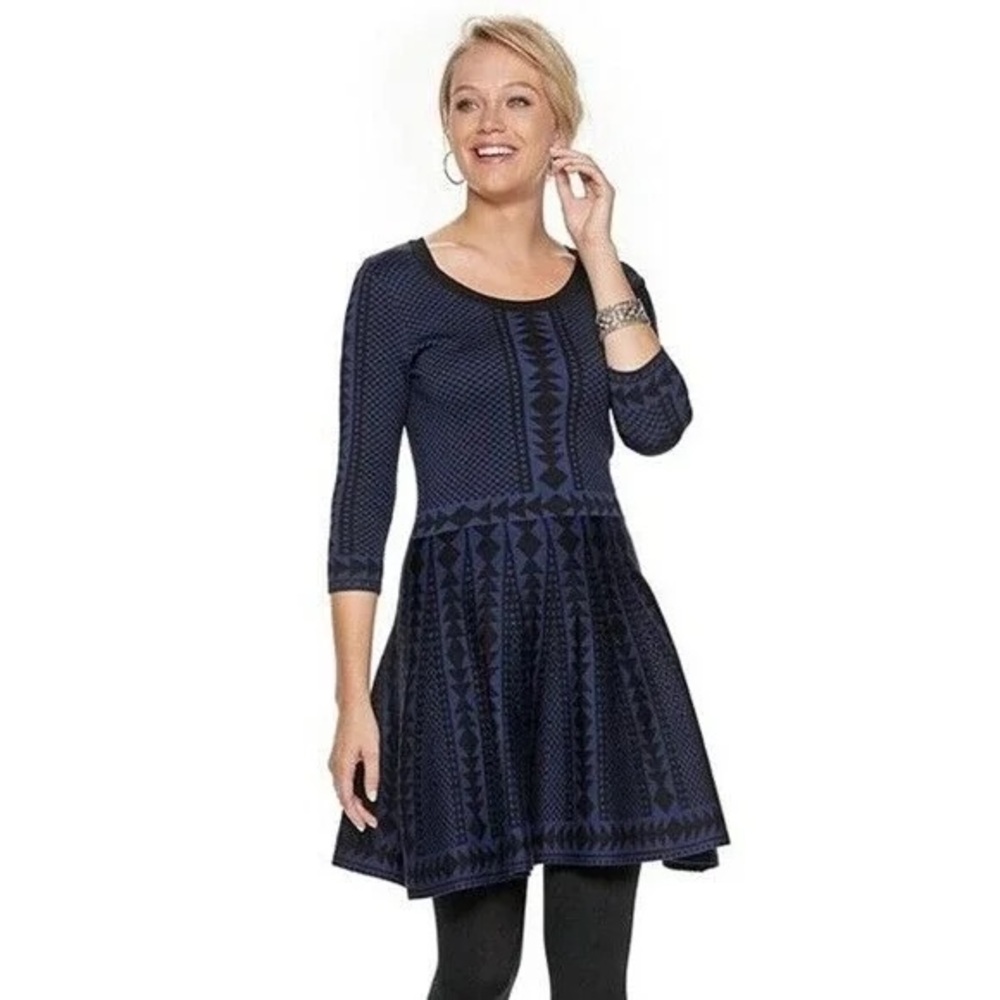 Nina Leonard Black & Blue Geo-metric Print Sweater Dress. Size Large. - Picture 4 of 12